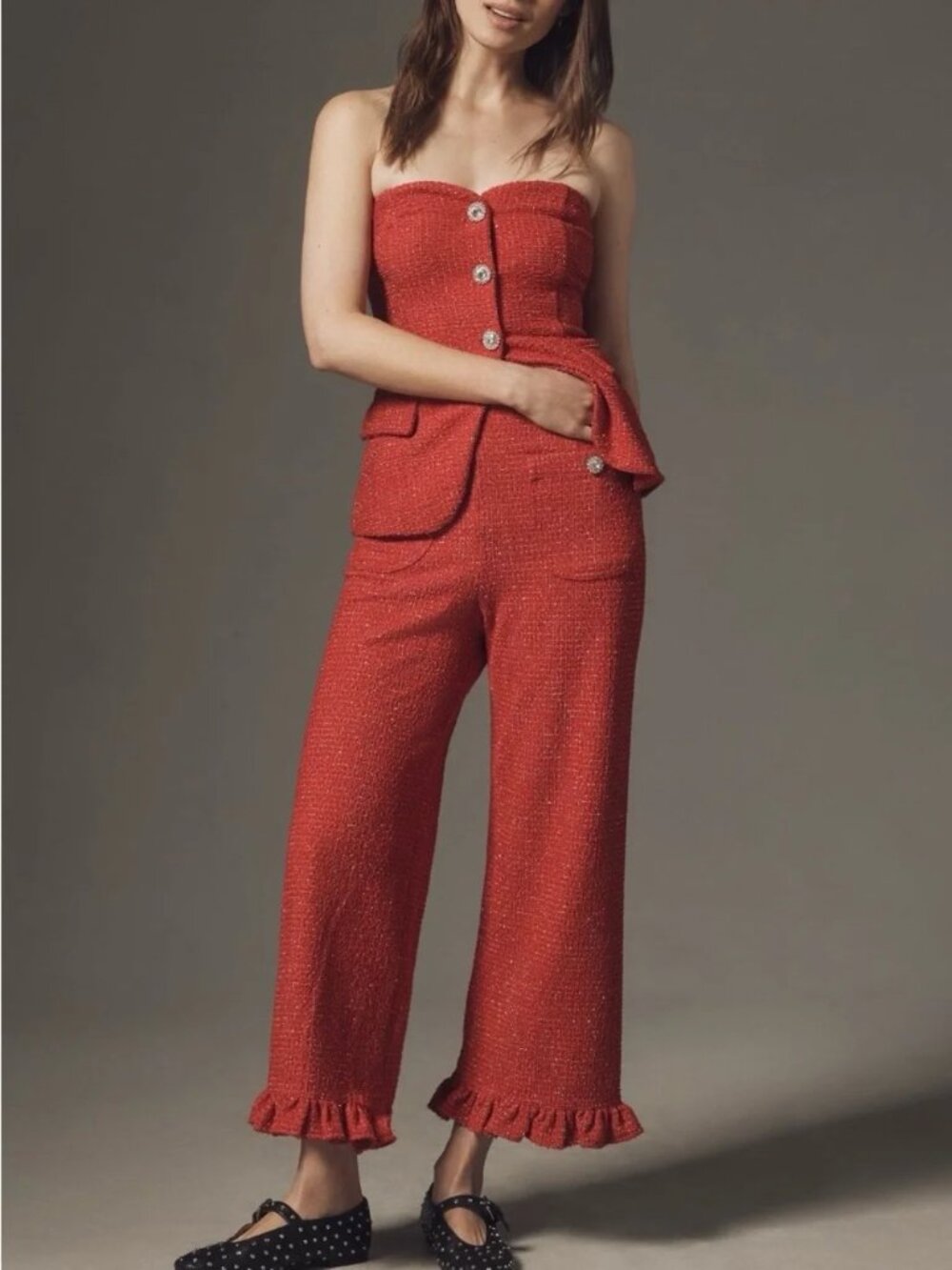 ANTHROPOLOGIE Maeve The Colette Crop Tweed Ruffle Hem Pants
